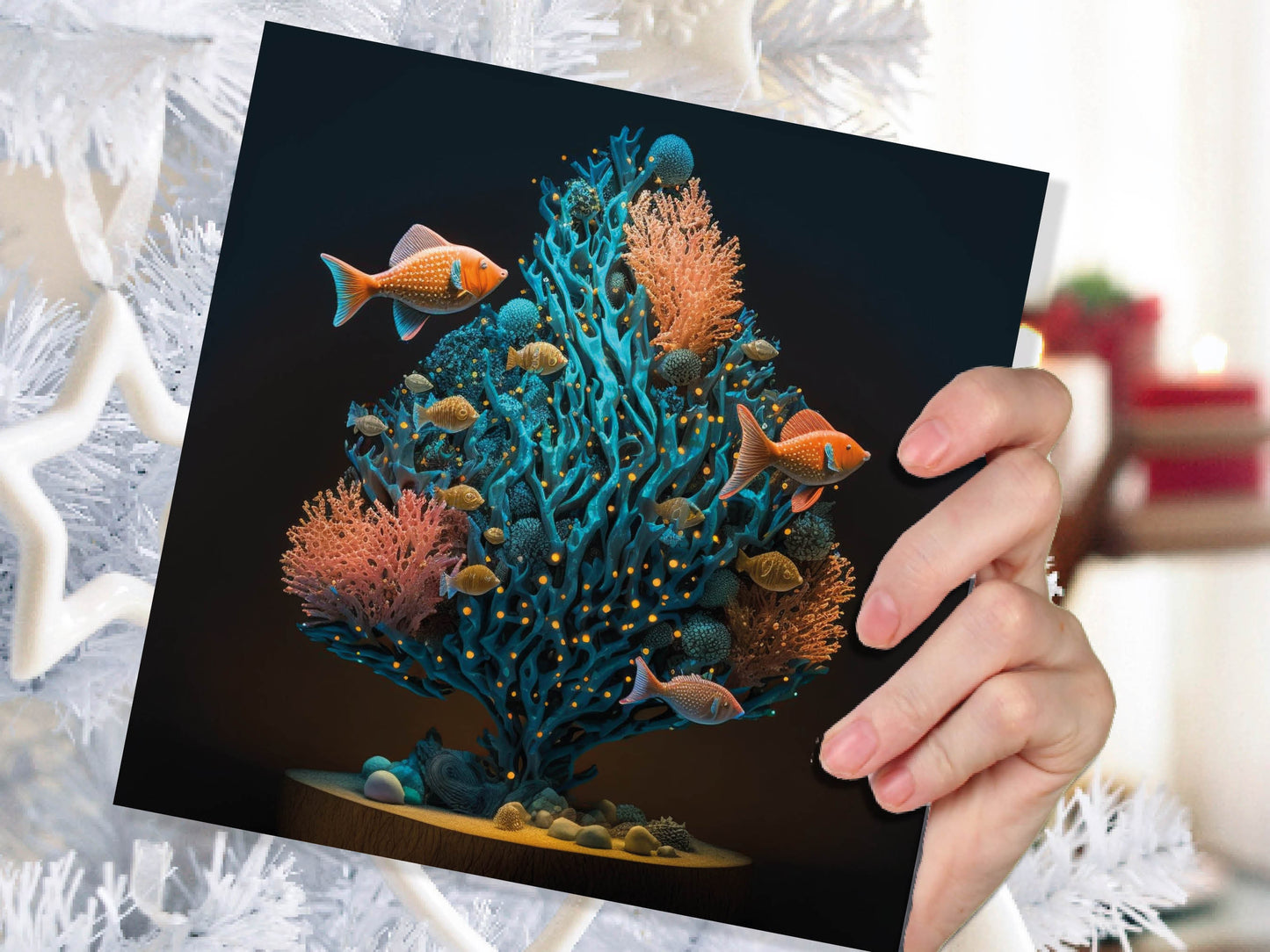 Coral Christmas Tree Card Underwater Ocean Scene Aqua Blue and Orange Sea Life Swim Fish Unique Greetings Cards For Family Friends Xmas 2023