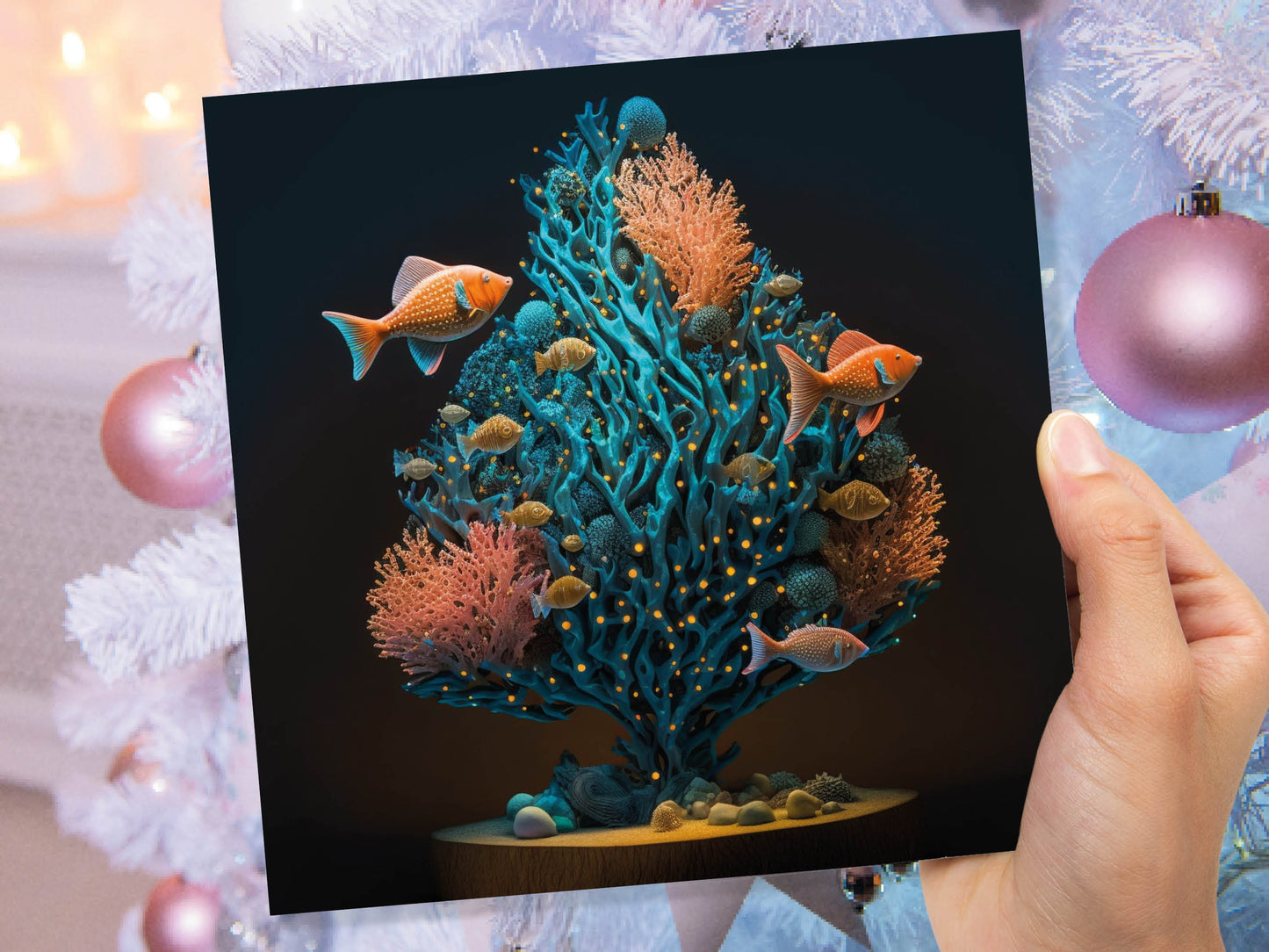 Coral Christmas Tree Card Underwater Ocean Scene Aqua Blue and Orange Sea Life Swim Fish Unique Greetings Cards For Family Friends Xmas 2023