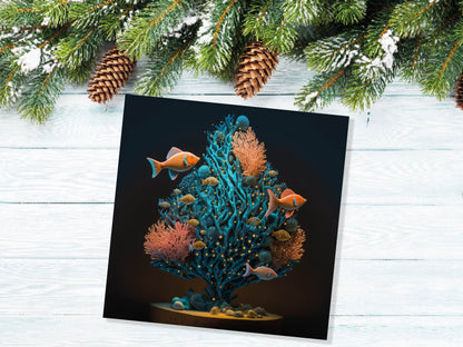 Coral Christmas Tree Card Underwater Ocean Scene Aqua Blue and Orange Sea Life Swim Fish Unique Greetings Cards For Family Friends Xmas 2023