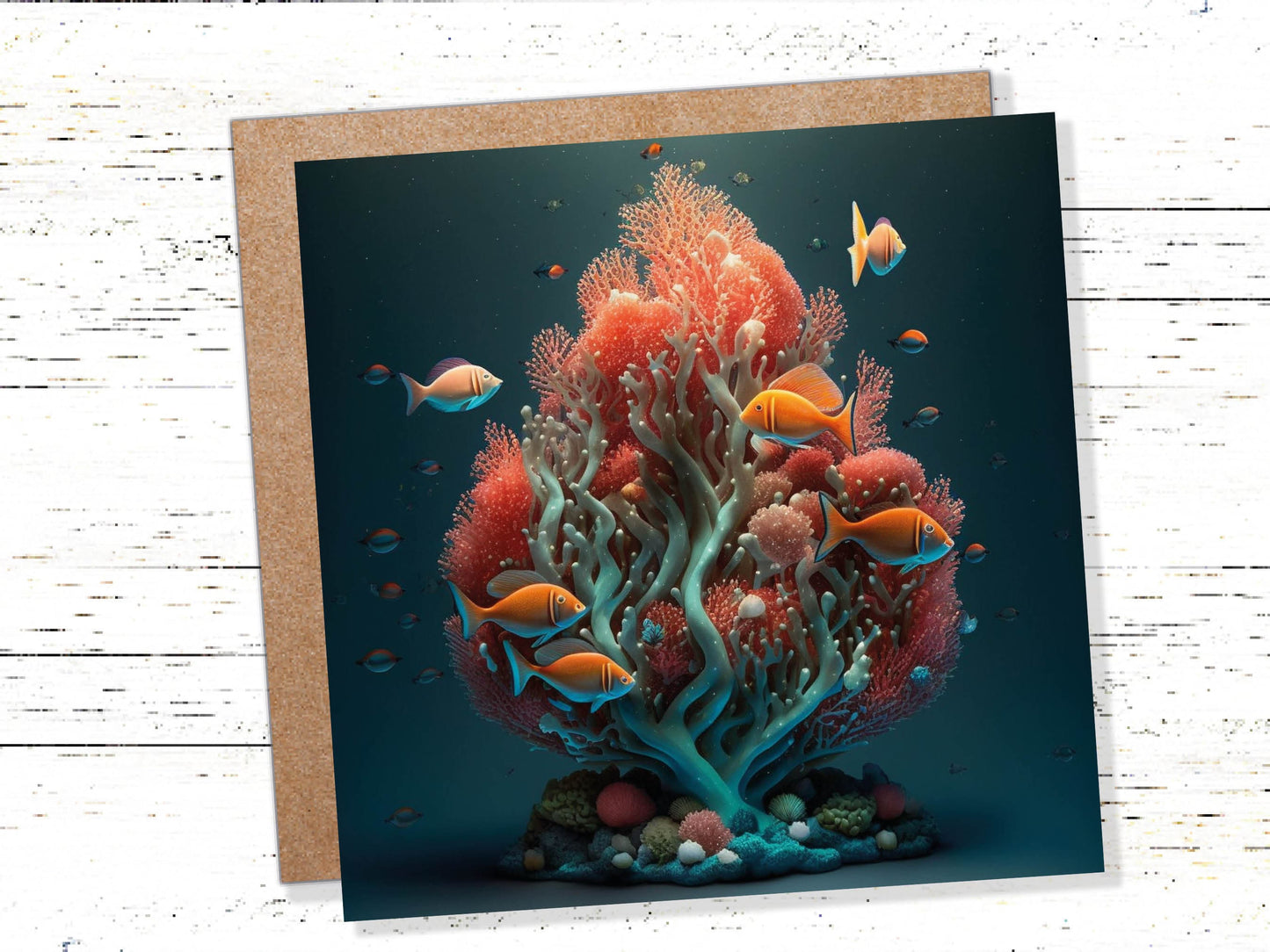 Ocean Christmas Tree Card Underwater Coral Scene Aqua Blue and Orange Sea Life Swim Fish Unique Greetings Cards For Family Friends Xmas 2023