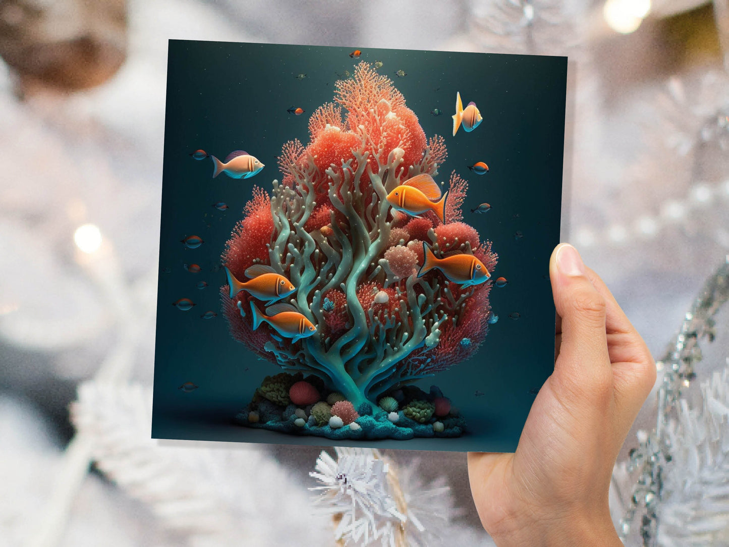 Ocean Christmas Tree Card Underwater Coral Scene Aqua Blue and Orange Sea Life Swim Fish Unique Greetings Cards For Family Friends Xmas 2023