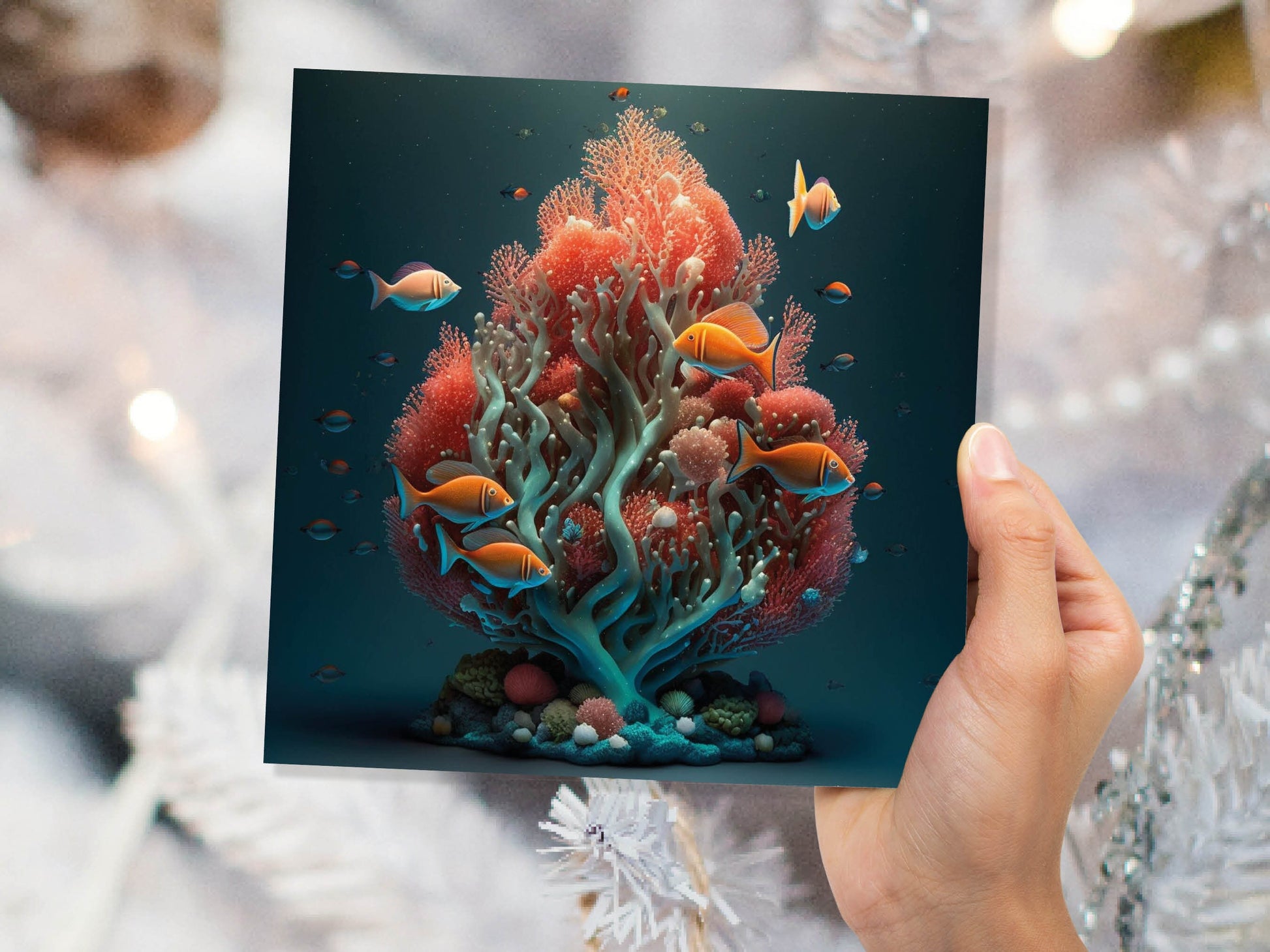 Ocean Christmas Tree Card Underwater Coral Scene Aqua Blue and Orange Sea Life Swim Fish Unique Greetings Cards For Family Friends Xmas 2023