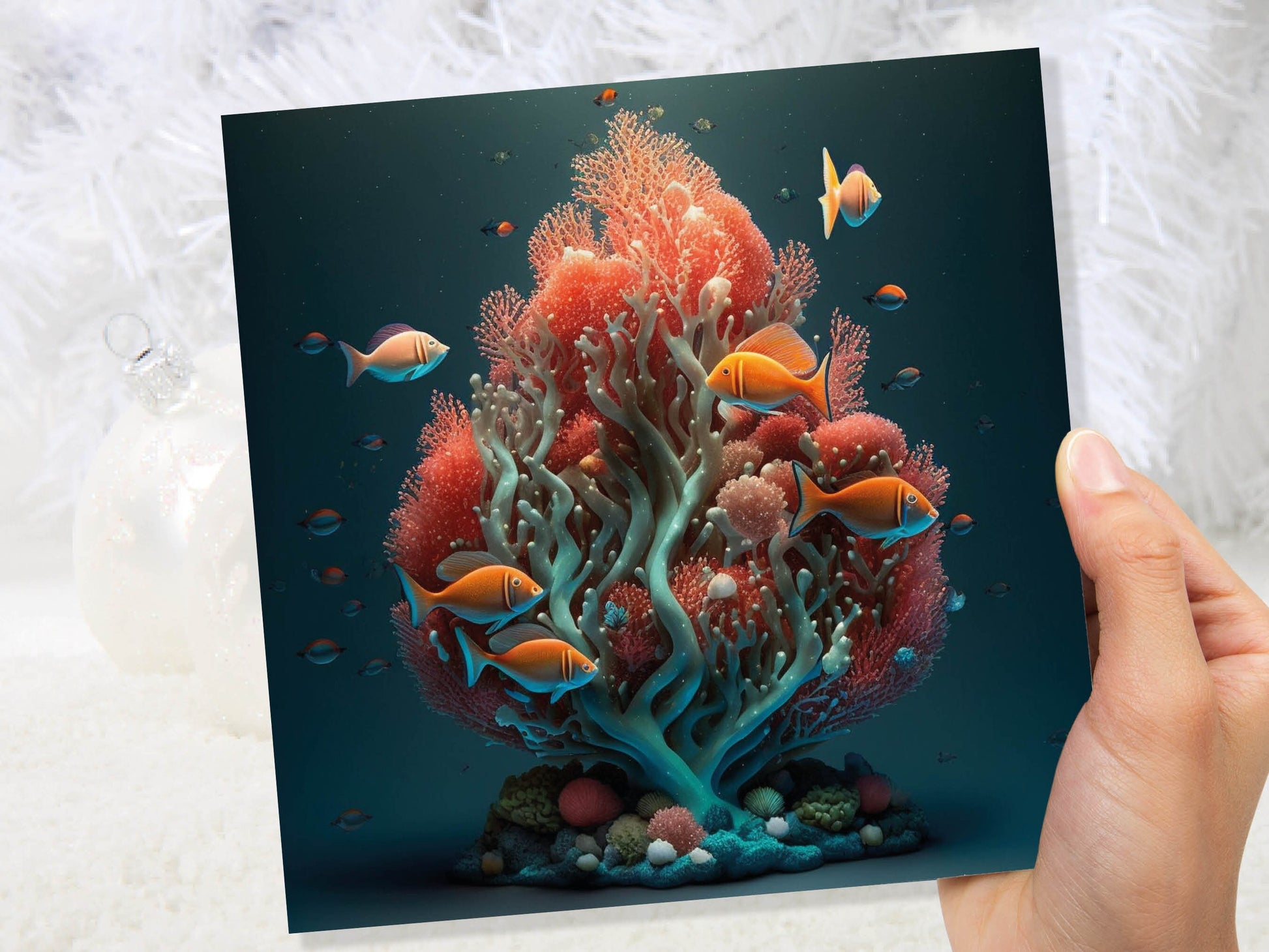 Ocean Christmas Tree Card Underwater Coral Scene Aqua Blue and Orange Sea Life Swim Fish Unique Greetings Cards For Family Friends Xmas 2023