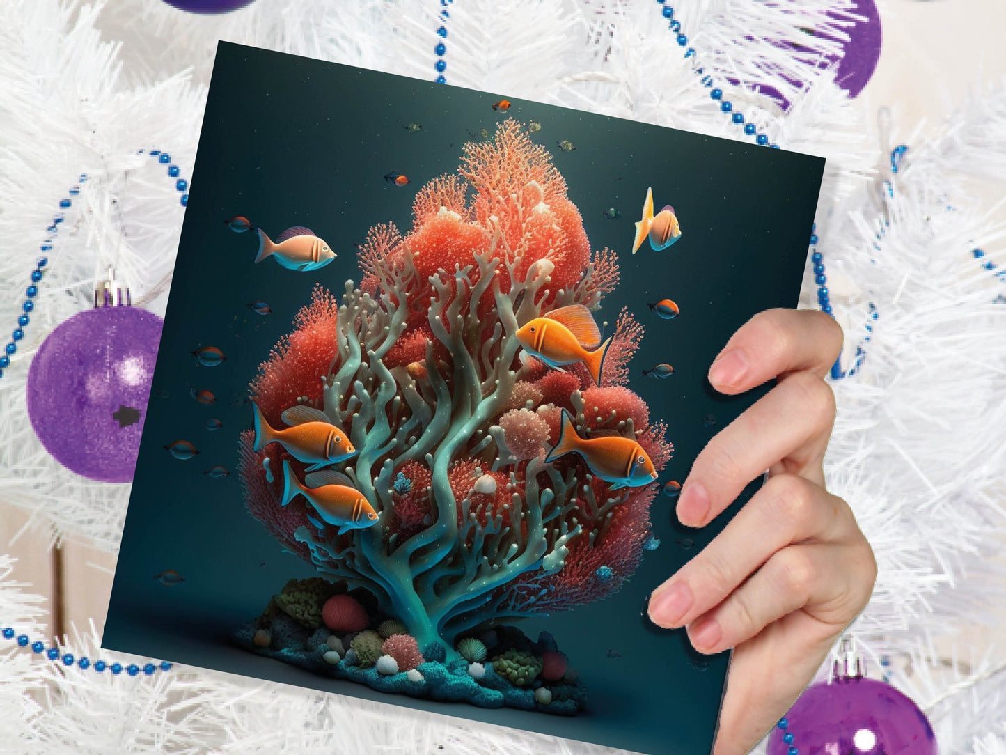 Ocean Christmas Tree Card Underwater Coral Scene Aqua Blue and Orange Sea Life Swim Fish Unique Greetings Cards For Family Friends Xmas 2023