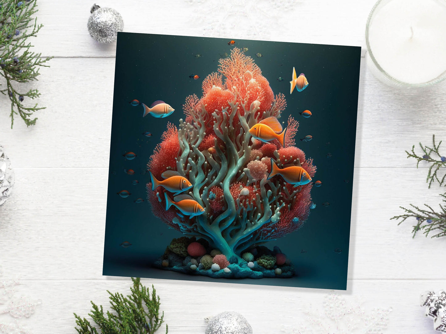 Ocean Christmas Tree Card Underwater Coral Scene Aqua Blue and Orange Sea Life Swim Fish Unique Greetings Cards For Family Friends Xmas 2023