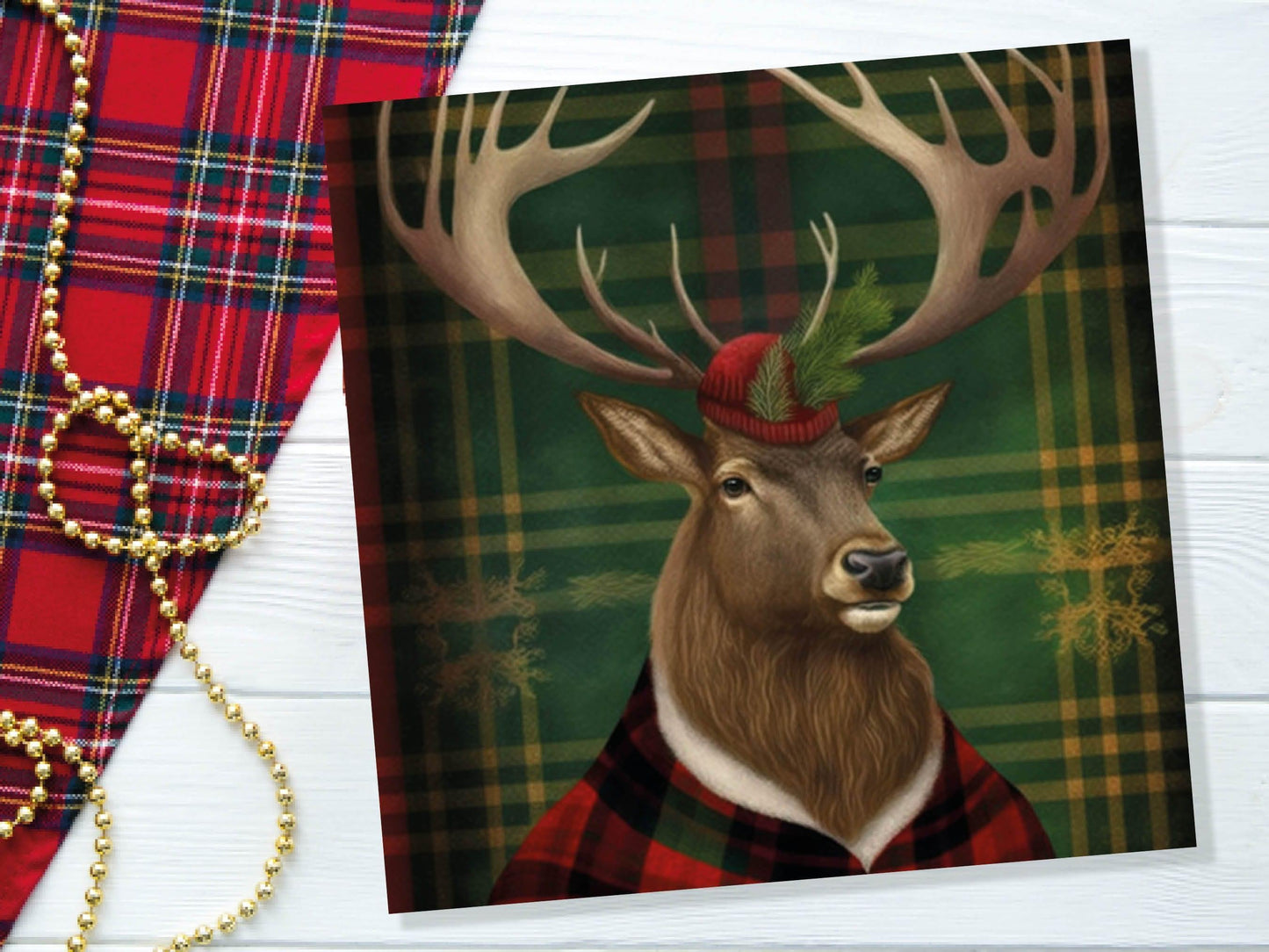 Dapper Deer Card Wearing a Tartan Coat with Festive Tam o’ Shanter Hat Scotland Greetings Cards For Family Best Friends Birthdays Thank You