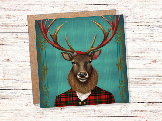 Teal Dapper Deer Card Wearing Red Tartan Frock Coat Festive Scottish Scotland Greetings Cards For Family Best Friends Birthdays Thank You