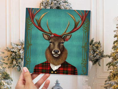 Teal Dapper Deer Card Wearing Red Tartan Frock Coat Festive Scottish Scotland Greetings Cards For Family Best Friends Birthdays Thank You