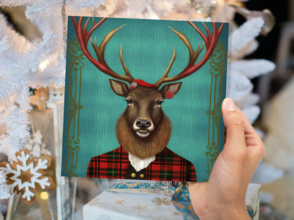 Teal Dapper Deer Card Wearing Red Tartan Frock Coat Festive Scottish Scotland Greetings Cards For Family Best Friends Birthdays Thank You