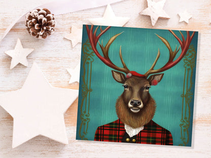 Teal Dapper Deer Card Wearing Red Tartan Frock Coat Festive Scottish Scotland Greetings Cards For Family Best Friends Birthdays Thank You