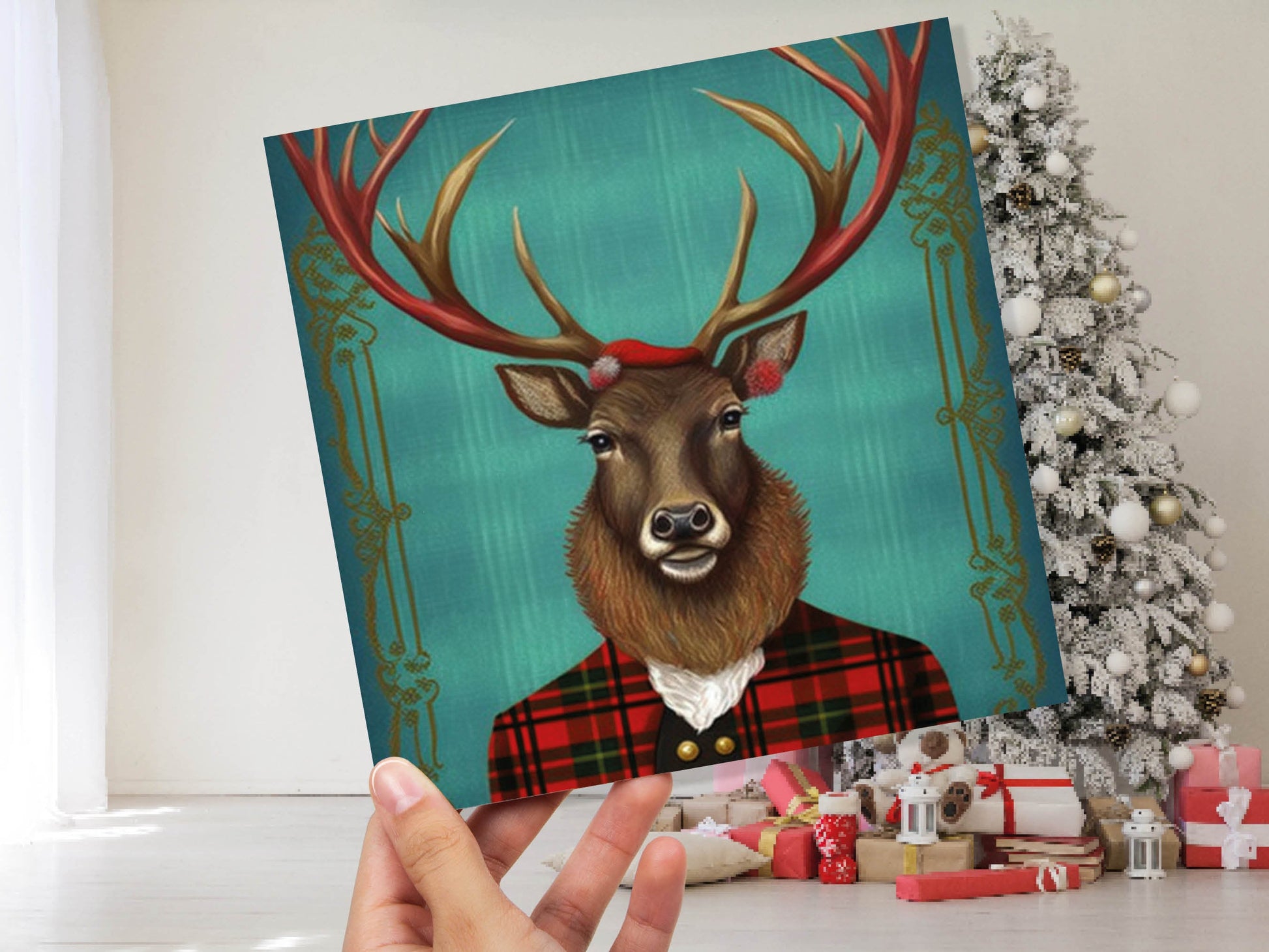 Teal Dapper Deer Card Wearing Red Tartan Frock Coat Festive Scottish Scotland Greetings Cards For Family Best Friends Birthdays Thank You