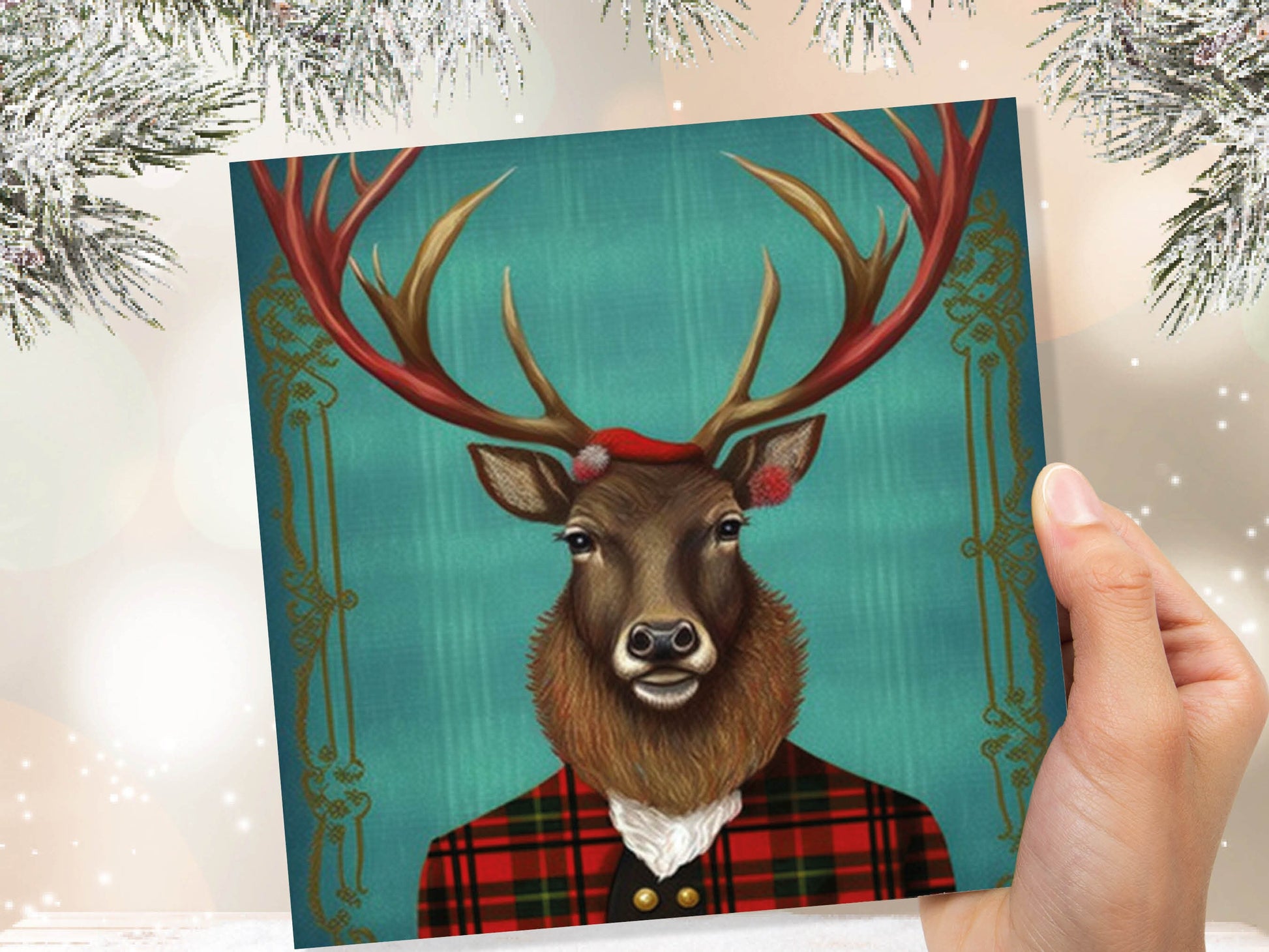 Teal Dapper Deer Card Wearing Red Tartan Frock Coat Festive Scottish Scotland Greetings Cards For Family Best Friends Birthdays Thank You