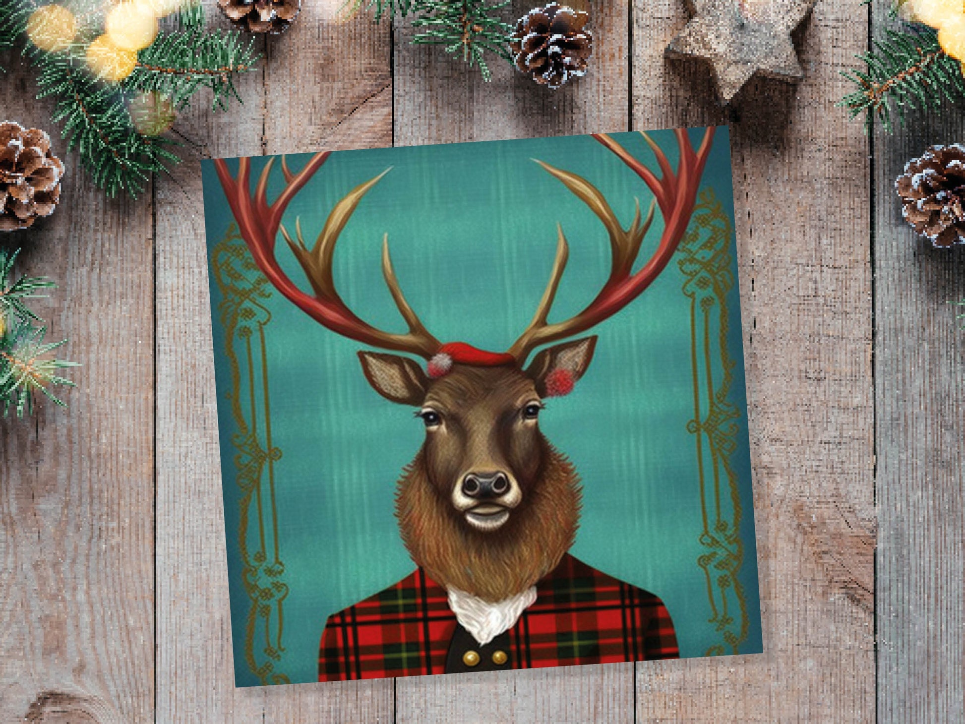 Teal Dapper Deer Card Wearing Red Tartan Frock Coat Festive Scottish Scotland Greetings Cards For Family Best Friends Birthdays Thank You