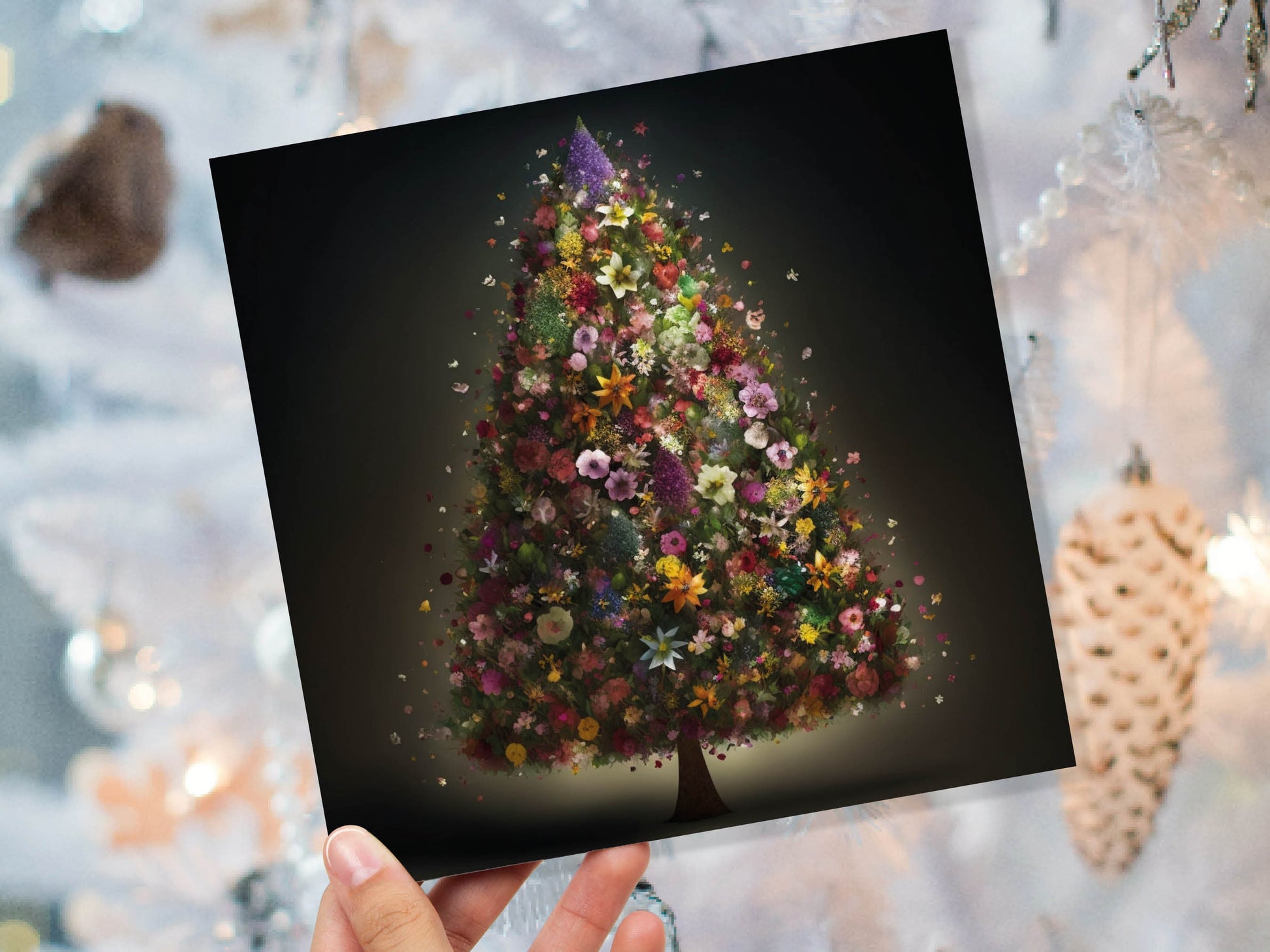 Floral Christmas Card Pink Flowers Tree Bouquet Arrangement for Florists and Gardeners Greetings Cards For Family Best Friends Xmas 2023