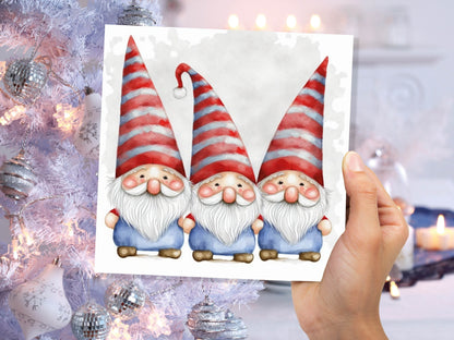 Cute Gonk Gnomes Christmas Card Red Blue White Watercolour Painting Pointy Hats and Beards Greetings Cards For Family Best Friends Xmas 2023