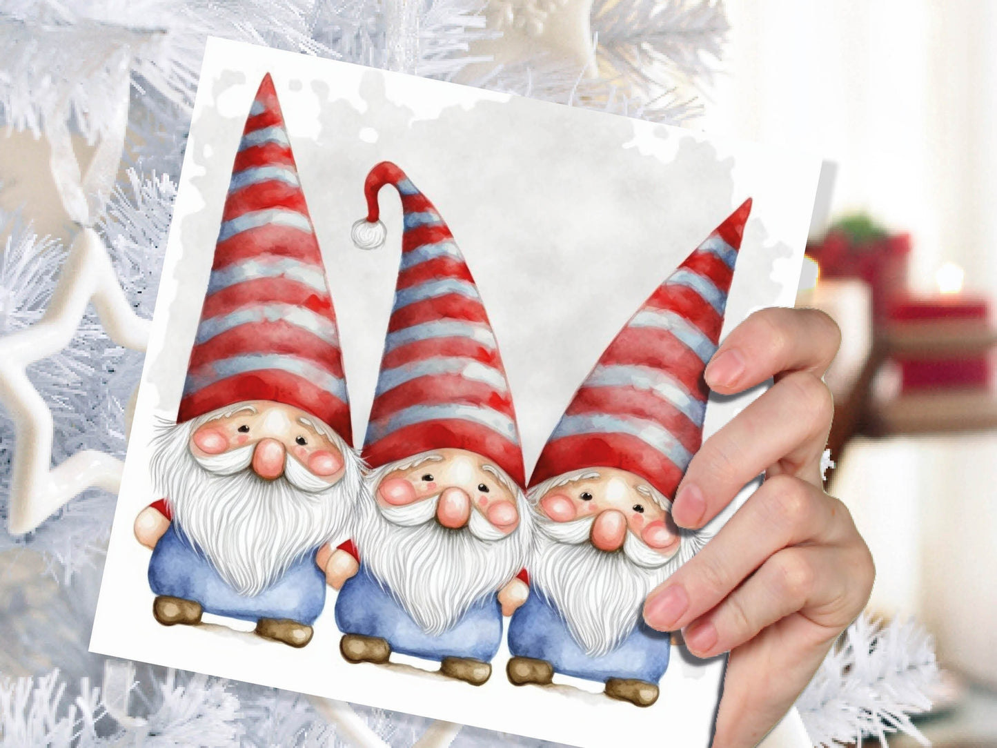 Cute Gonk Gnomes Christmas Card Red Blue White Watercolour Painting Pointy Hats and Beards Greetings Cards For Family Best Friends Xmas 2023