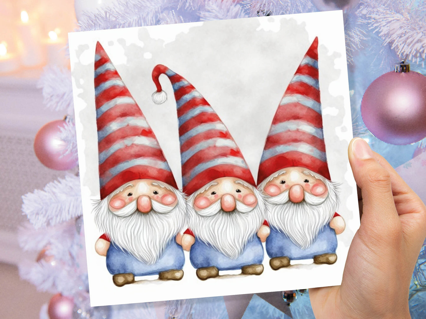 Cute Gonk Gnomes Christmas Card Red Blue White Watercolour Painting Pointy Hats and Beards Greetings Cards For Family Best Friends Xmas 2023