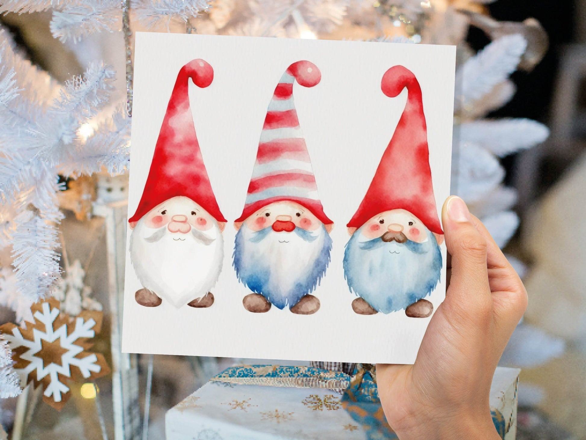 Christmas Gnomes Card Cute Gonk Myth Red White Watercolour Painting Pointy Hats and Beards Greetings Cards For Family Best Friends Xmas 2023