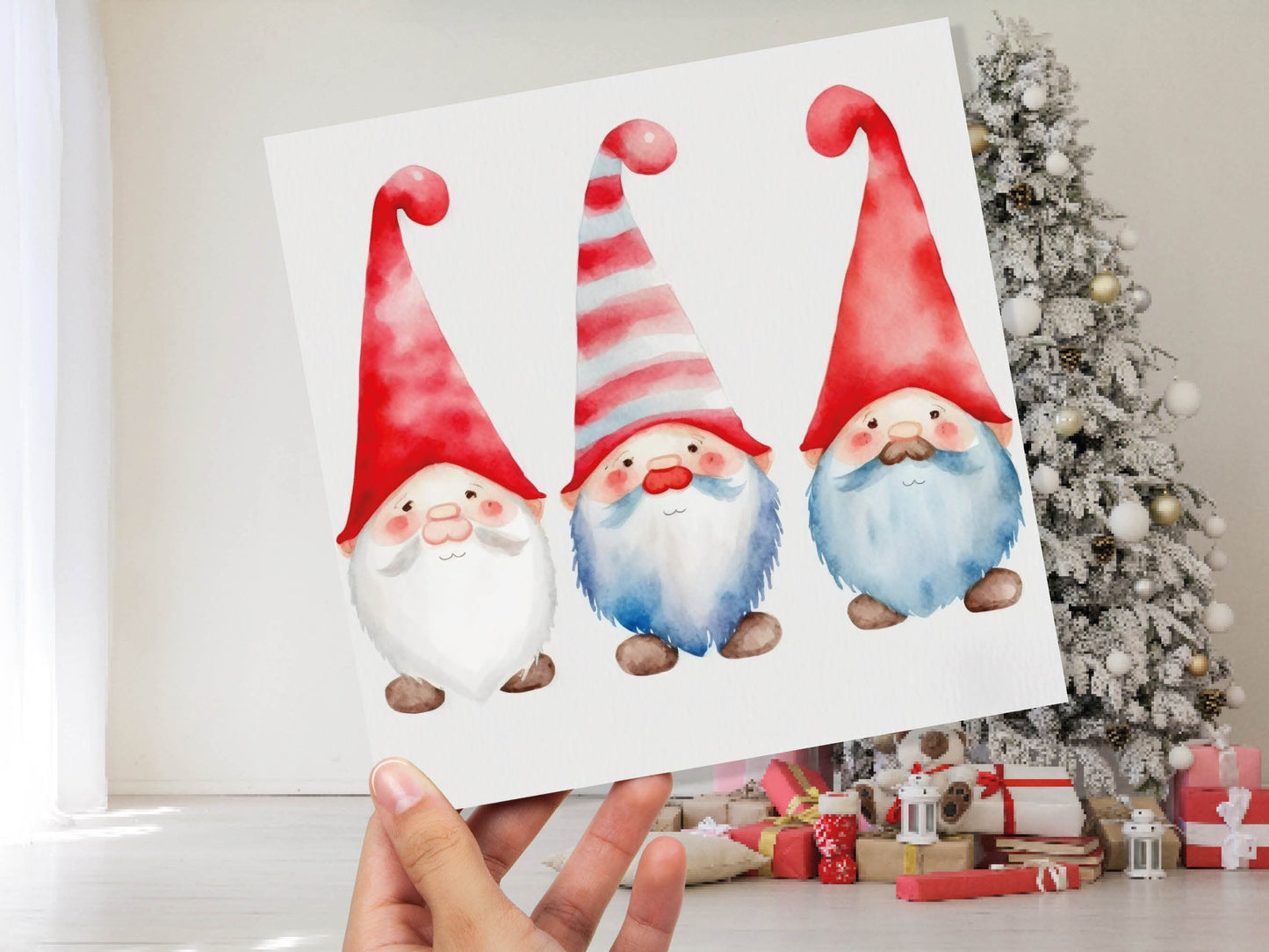 Christmas Gnomes Card Cute Gonk Myth Red White Watercolour Painting Pointy Hats and Beards Greetings Cards For Family Best Friends Xmas 2023