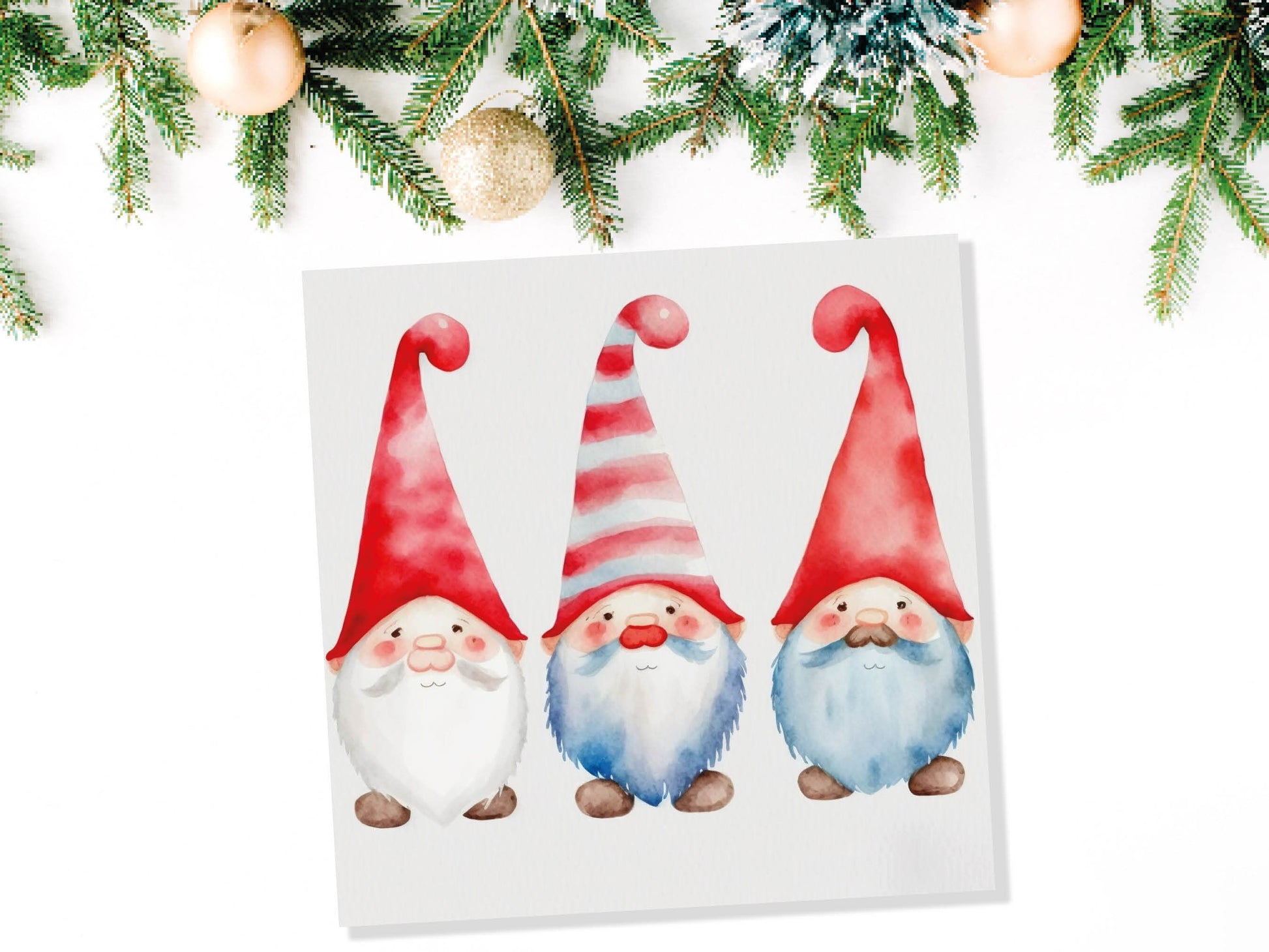 Christmas Gnomes Card Cute Gonk Myth Red White Watercolour Painting Pointy Hats and Beards Greetings Cards For Family Best Friends Xmas 2023