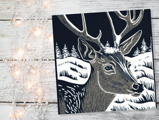 Linocut Deer Card Black and White Snowy Winter Landscape Night Sky Illustration Snow Scene Greetings For Family Friends Birthdays Thank You