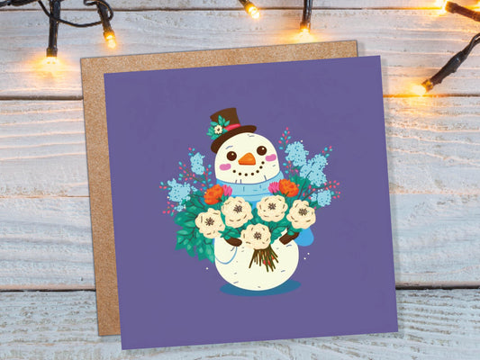 Romantic Floral Snowman Card Cute Purple Illustration with Flowers Bouquet and Top Hat Design Greetings For Family Friend Birthday Thank You