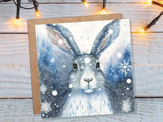 Enchanting Winter Hare Card Beautiful Blue Snowy Watercolour Snow Lights Snowflakes Greetings Card For Family Friends Birthday Thank You BFF