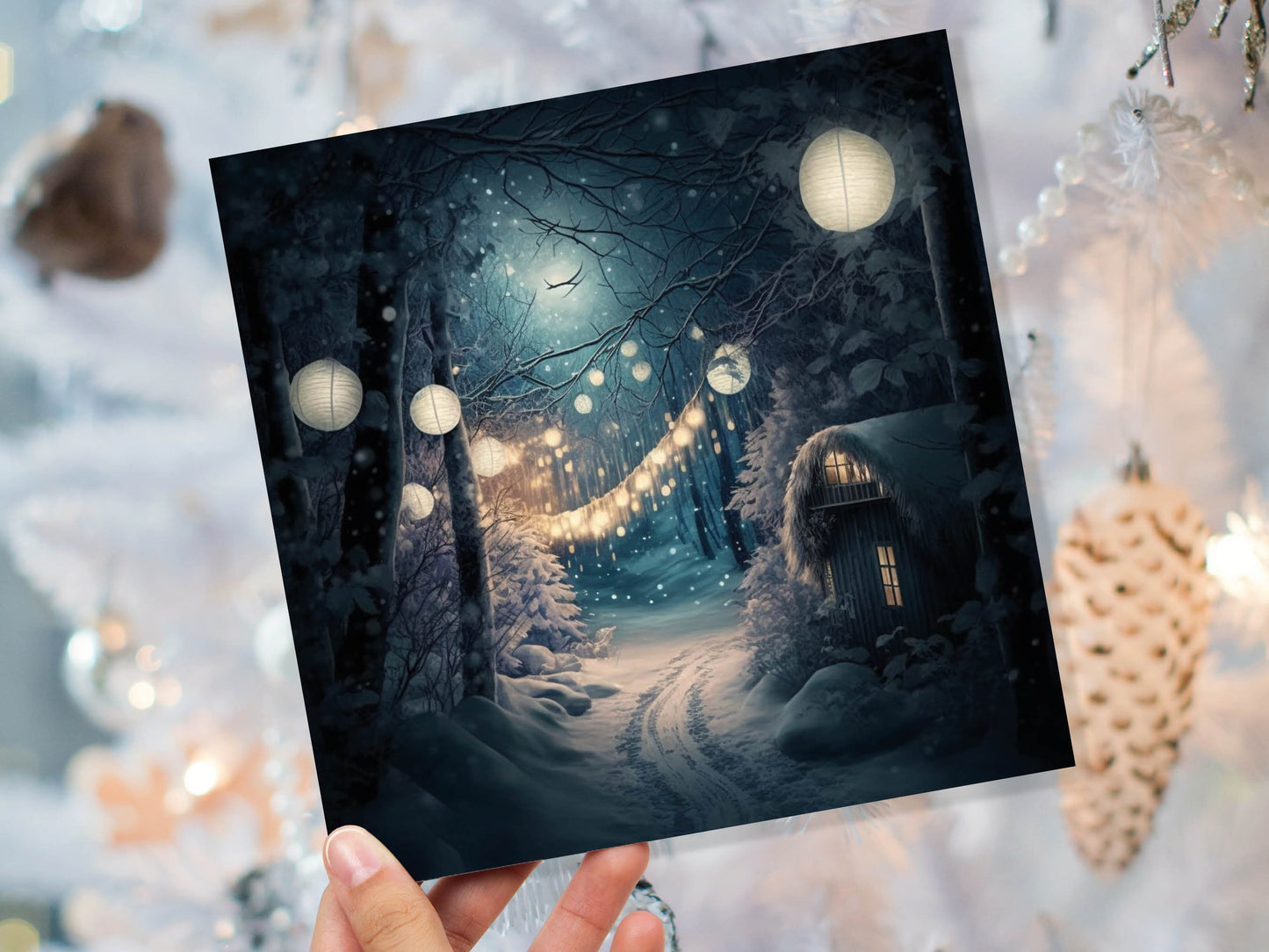 Magical Winter Night Christmas Card with Warm Fairy Lights Snow Blue Woodland Path Whimsical Greetings Cards For Family Friends Xmas 2023