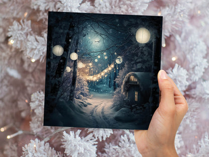 Magical Winter Night Christmas Card with Warm Fairy Lights Snow Blue Woodland Path Whimsical Greetings Cards For Family Friends Xmas 2023