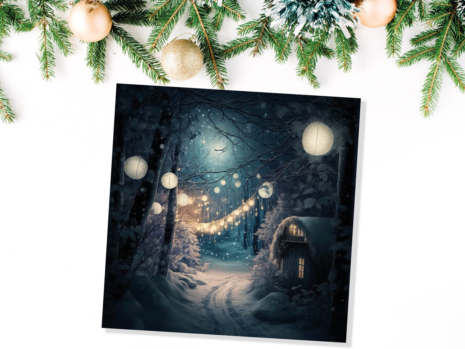 Magical Winter Night Christmas Card with Warm Fairy Lights Snow Blue Woodland Path Whimsical Greetings Cards For Family Friends Xmas 2023