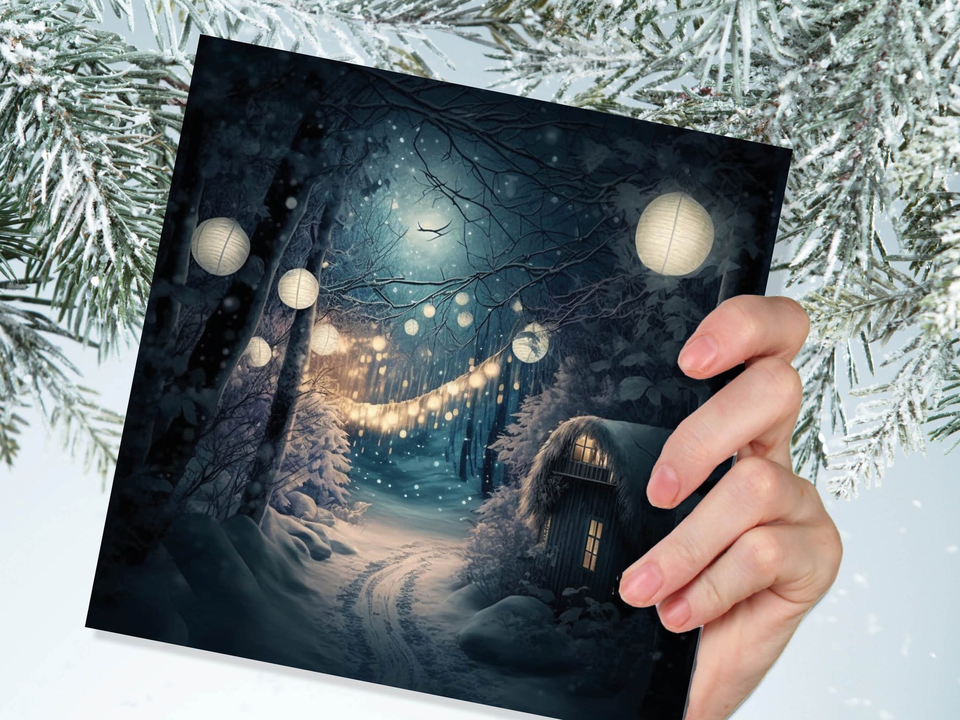 Magical Winter Night Christmas Card with Warm Fairy Lights Snow Blue Woodland Path Whimsical Greetings Cards For Family Friends Xmas 2023