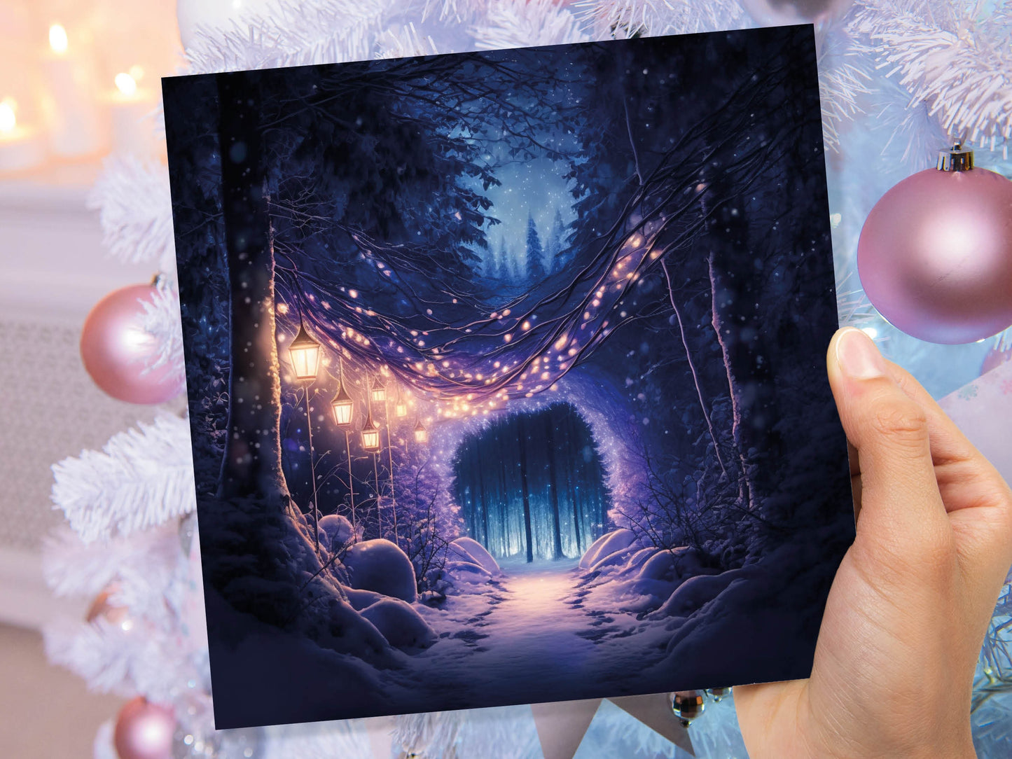 Winter Wonderland Card with Cosy Fairy Lights Snow Purple Woodland Path Whimsical Greetings Cards For Family Friends Birthdays Thank You BFF