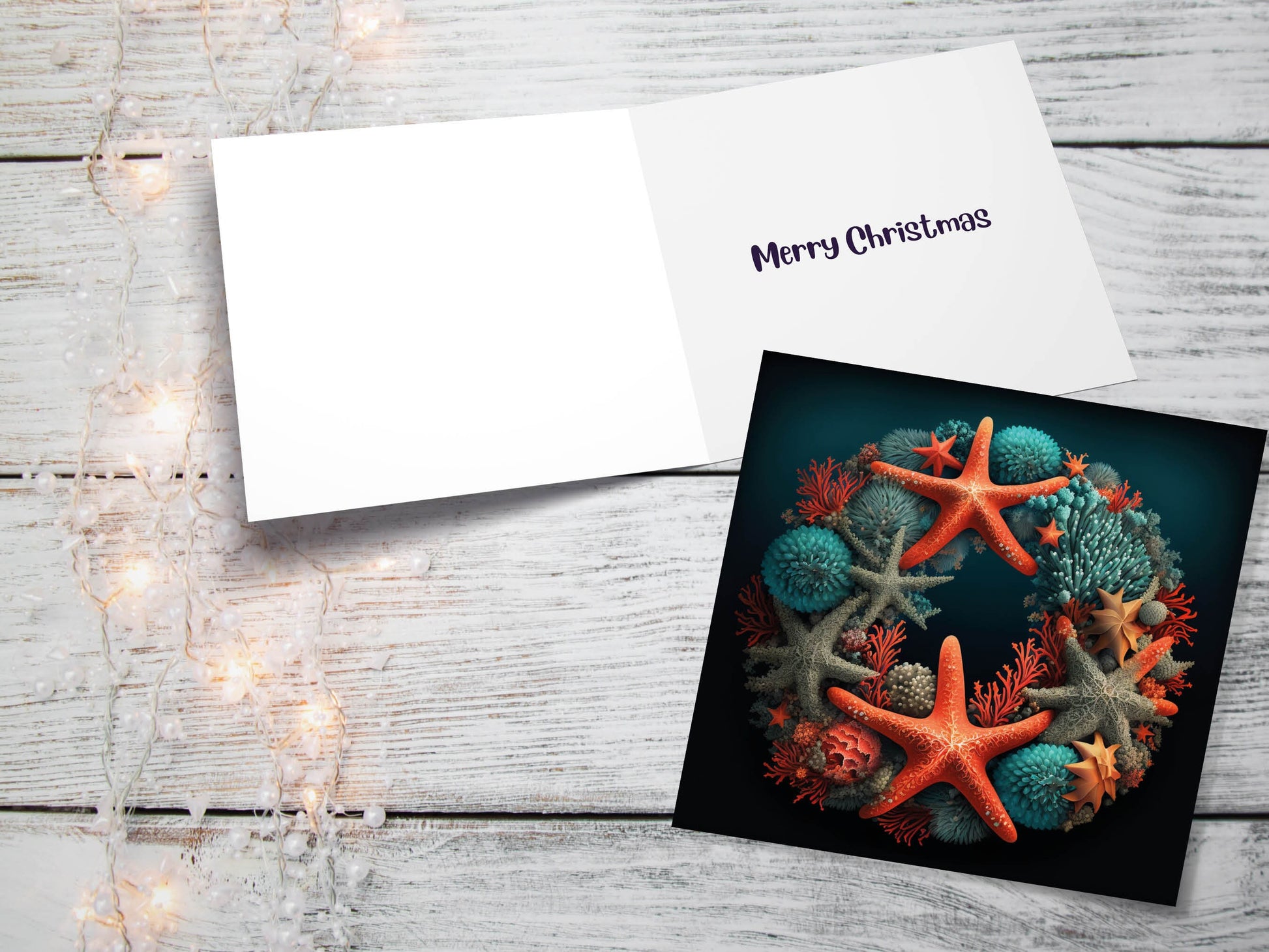 Coral Wreath Christmas Card Funny Ocean Reef Pun with Shells and Starfish Teal Orange Festive Greetings Cards For Family Friends Xmas 2023