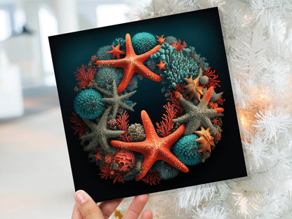 Coral Wreath Christmas Card Funny Ocean Reef Pun with Shells and Starfish Teal Orange Festive Greetings Cards For Family Friends Xmas 2023