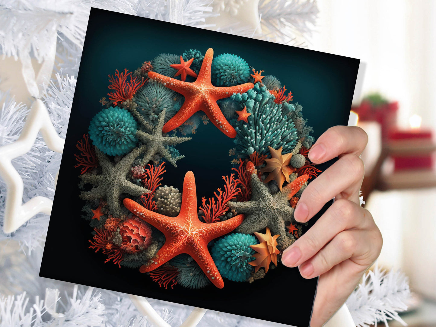 Coral Wreath Christmas Card Funny Ocean Reef Pun with Shells and Starfish Teal Orange Festive Greetings Cards For Family Friends Xmas 2023