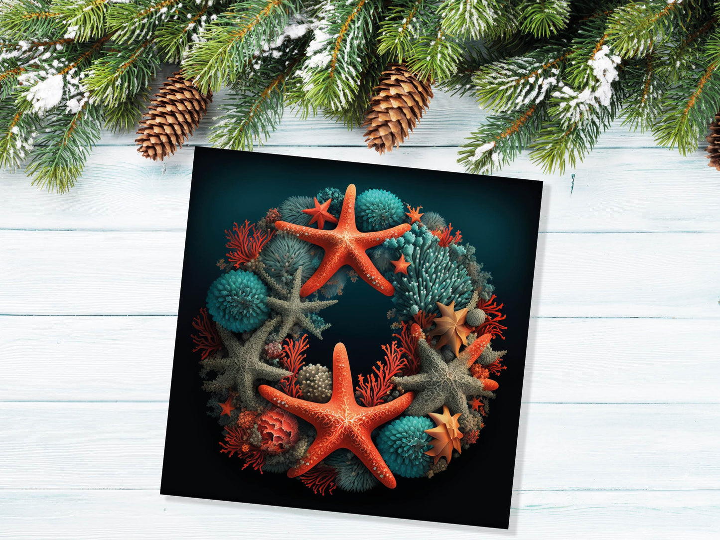 Coral Wreath Christmas Card Funny Ocean Reef Pun with Shells and Starfish Teal Orange Festive Greetings Cards For Family Friends Xmas 2023