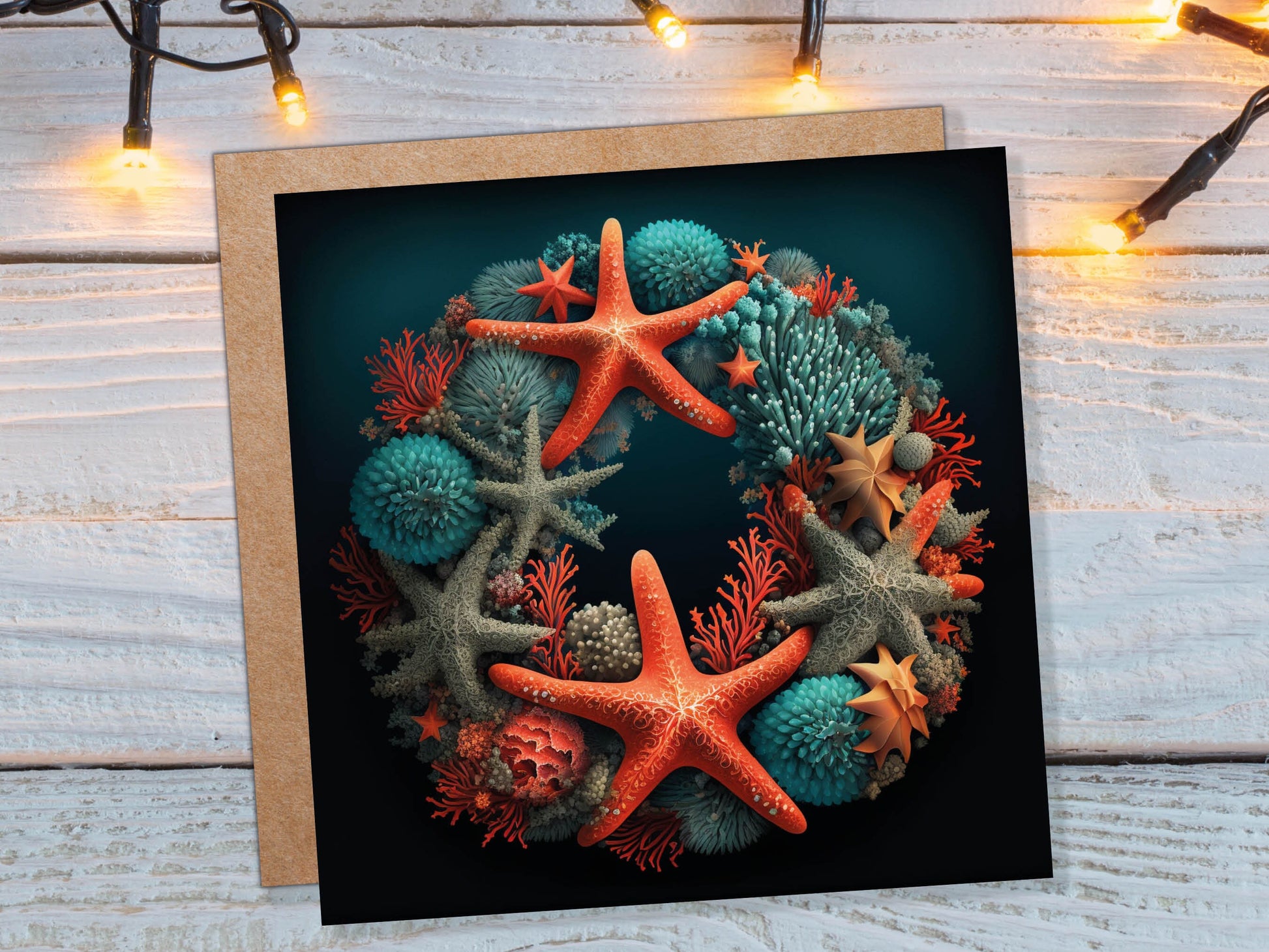 Coral Wreath Christmas Card Funny Ocean Reef Pun with Shells and Starfish Teal Orange Festive Greetings Cards For Family Friends Xmas 2023