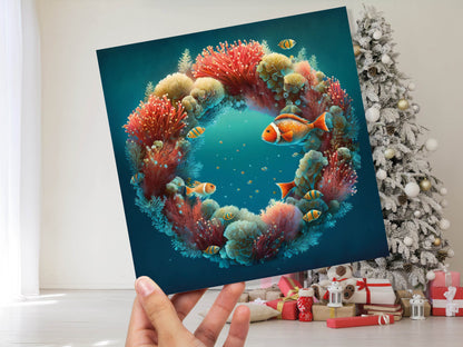 Coral Christmas Card Funny Ocean Reef Festive Wreath Pun with Seaweed Sea Sponges Teal Orange Greetings Cards For Family Friends Xmas 2023