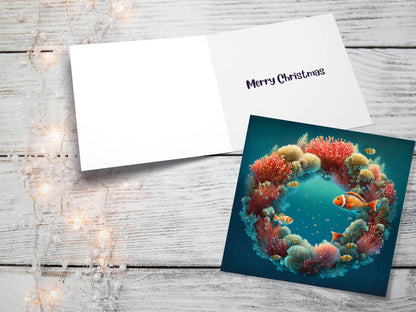 Coral Christmas Card Funny Ocean Reef Festive Wreath Pun with Seaweed Sea Sponges Teal Orange Greetings Cards For Family Friends Xmas 2023