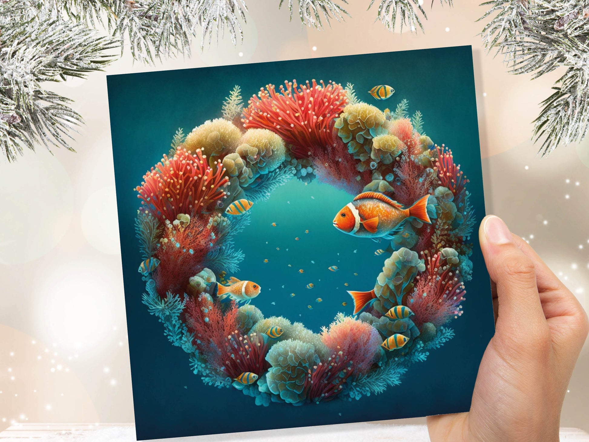 Coral Christmas Card Funny Ocean Reef Festive Wreath Pun with Seaweed Sea Sponges Teal Orange Greetings Cards For Family Friends Xmas 2023