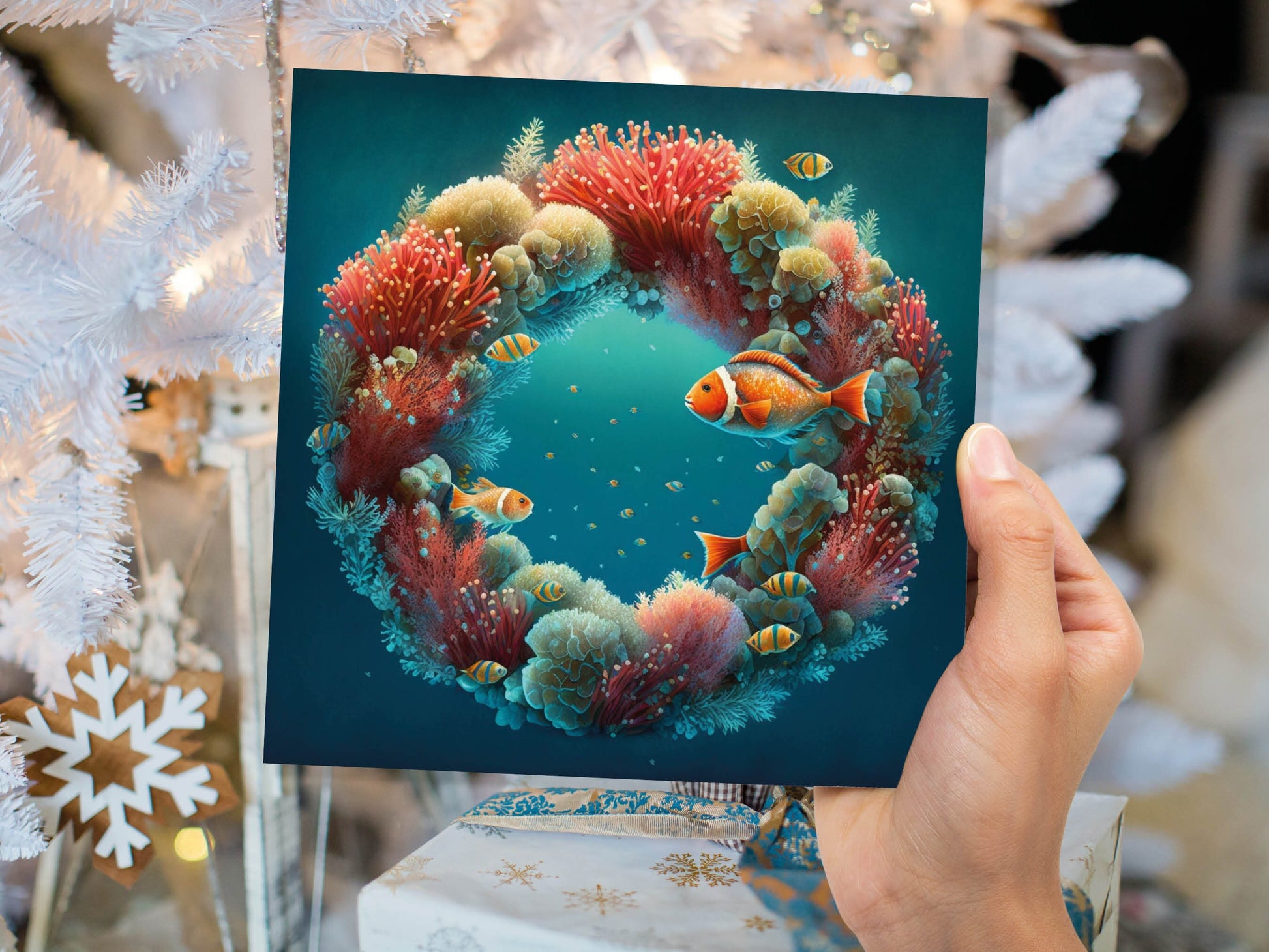 Coral Christmas Card Funny Ocean Reef Festive Wreath Pun with Seaweed Sea Sponges Teal Orange Greetings Cards For Family Friends Xmas 2023