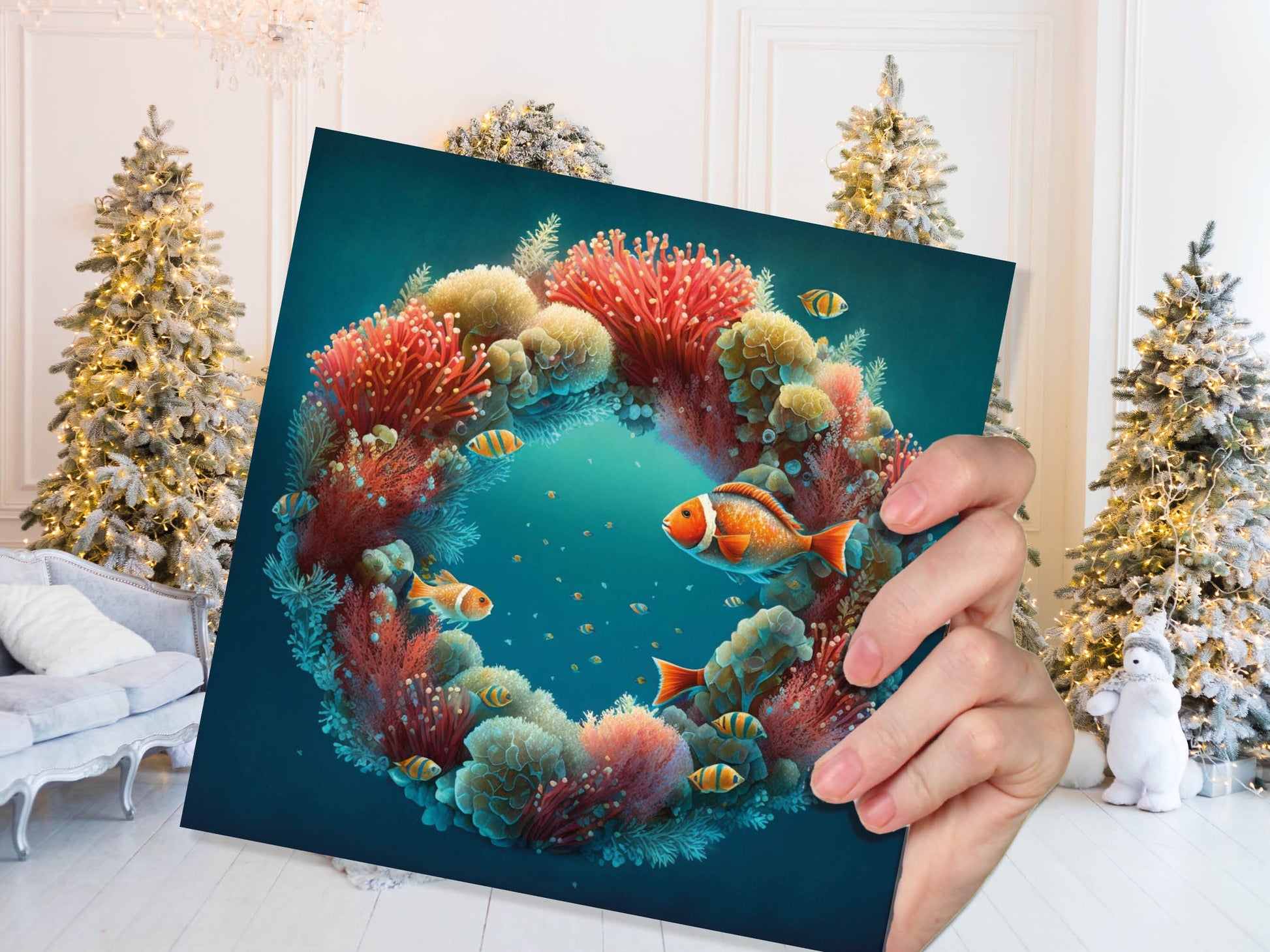 Coral Christmas Card Funny Ocean Reef Festive Wreath Pun with Seaweed Sea Sponges Teal Orange Greetings Cards For Family Friends Xmas 2023