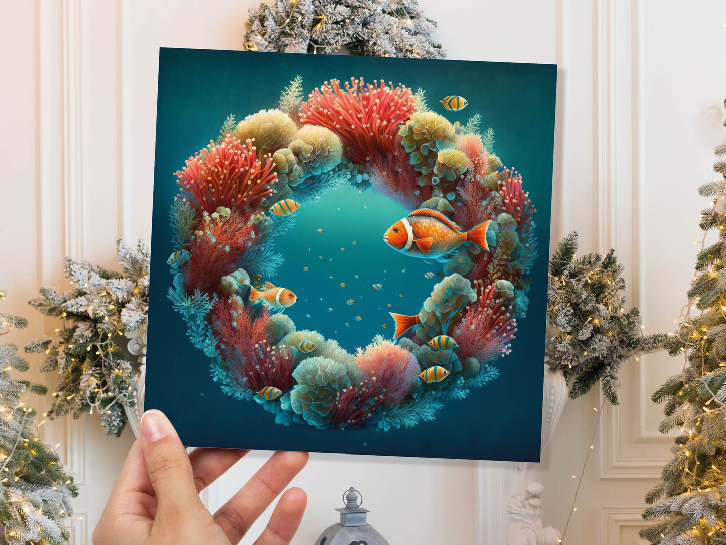 Coral Christmas Card Funny Ocean Reef Festive Wreath Pun with Seaweed Sea Sponges Teal Orange Greetings Cards For Family Friends Xmas 2023