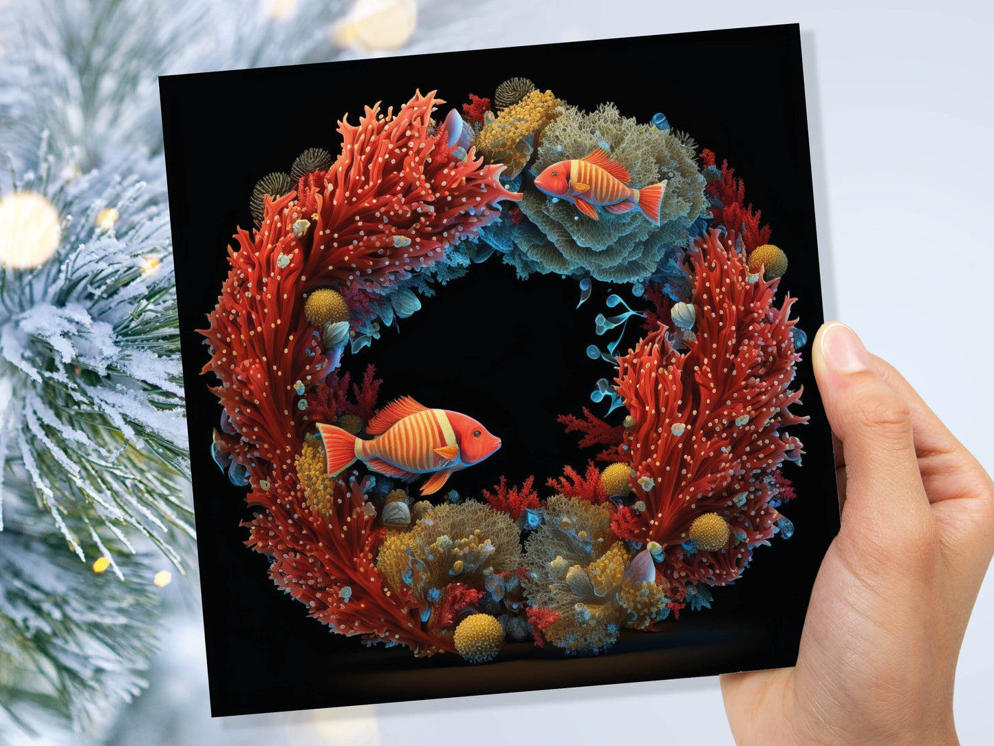 Ocean Coral Christmas Card Funny Reef Festive Wreath Pun with Sea Sponges Seaweed Black Orange Greetings Cards For Family Friends Xmas 2023