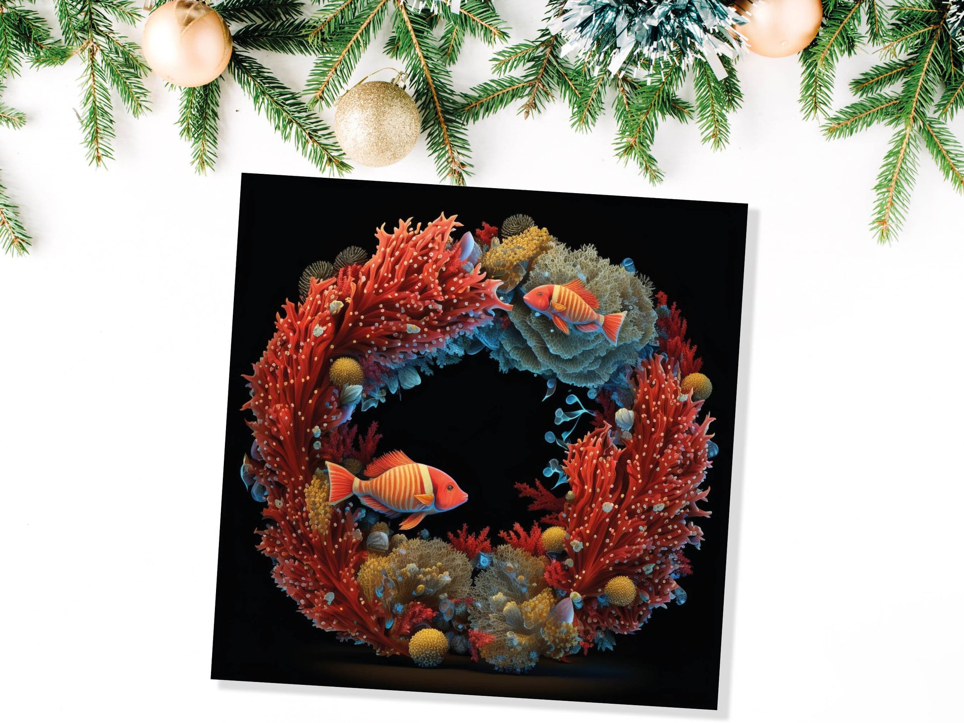 Ocean Coral Christmas Card Funny Reef Festive Wreath Pun with Sea Sponges Seaweed Black Orange Greetings Cards For Family Friends Xmas 2023