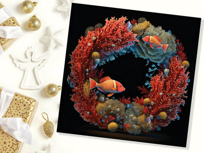 Ocean Coral Christmas Card Funny Reef Festive Wreath Pun with Sea Sponges Seaweed Black Orange Greetings Cards For Family Friends Xmas 2023