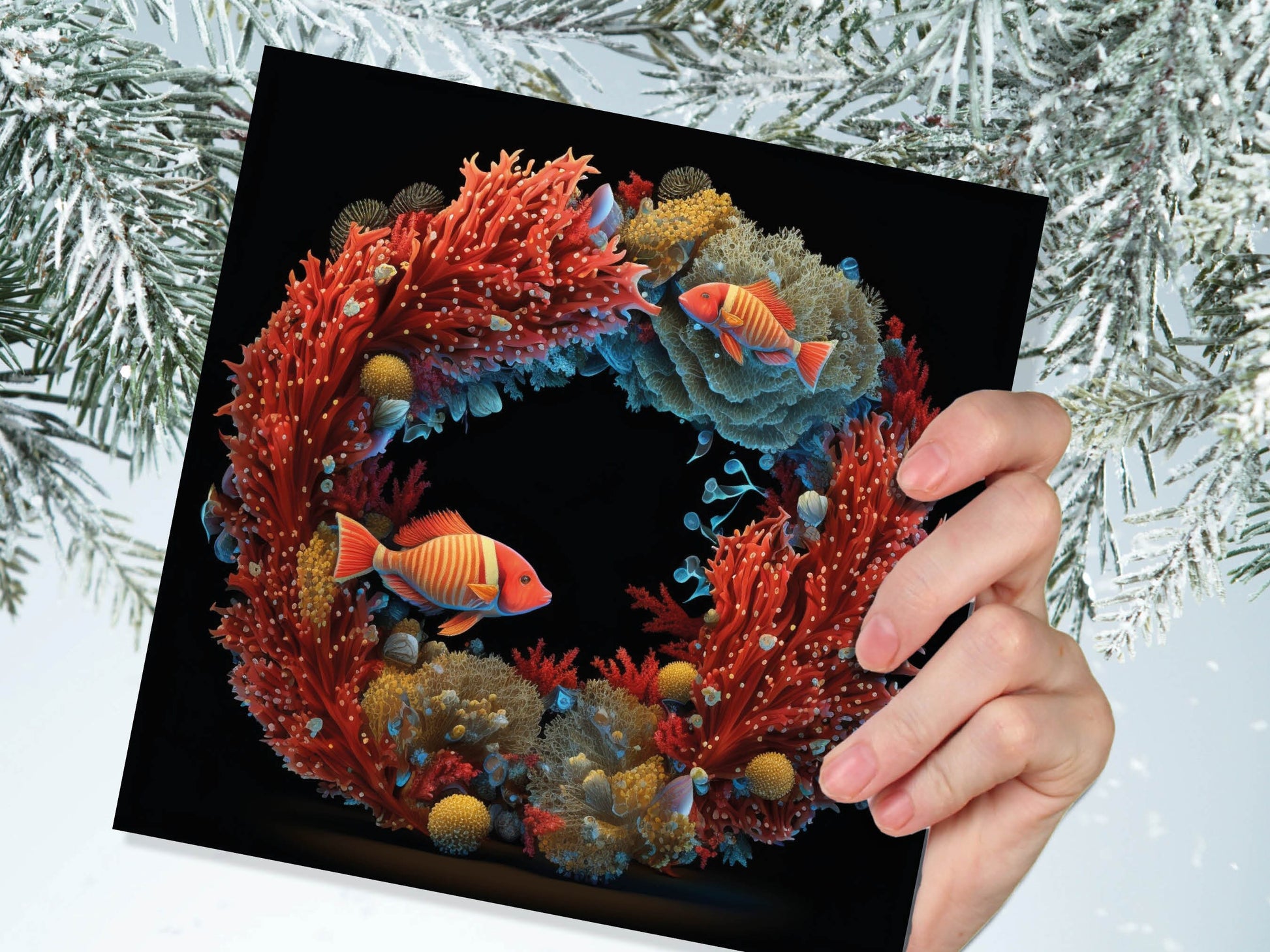 Ocean Coral Christmas Card Funny Reef Festive Wreath Pun with Sea Sponges Seaweed Black Orange Greetings Cards For Family Friends Xmas 2023