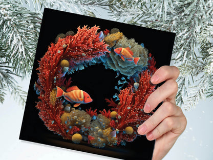 Ocean Coral Christmas Card Funny Reef Festive Wreath Pun with Sea Sponges Seaweed Black Orange Greetings Cards For Family Friends Xmas 2023