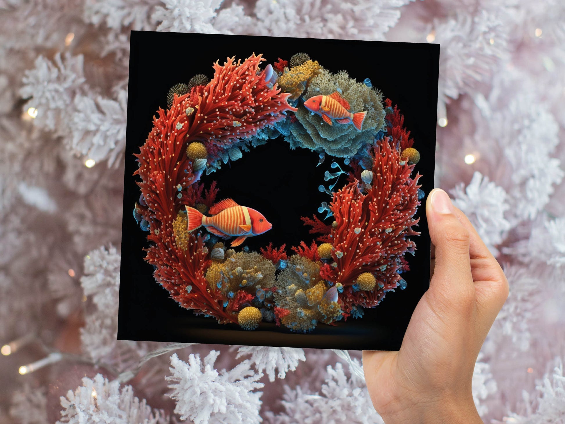 Ocean Coral Christmas Card Funny Reef Festive Wreath Pun with Sea Sponges Seaweed Black Orange Greetings Cards For Family Friends Xmas 2023