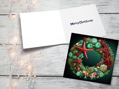 Coral Reef Christmas Card Funny Festive Wreath Pun Starfish Seaweed Sea Life Urchins Red Green Greetings Cards For Family Friends Xmas 2023